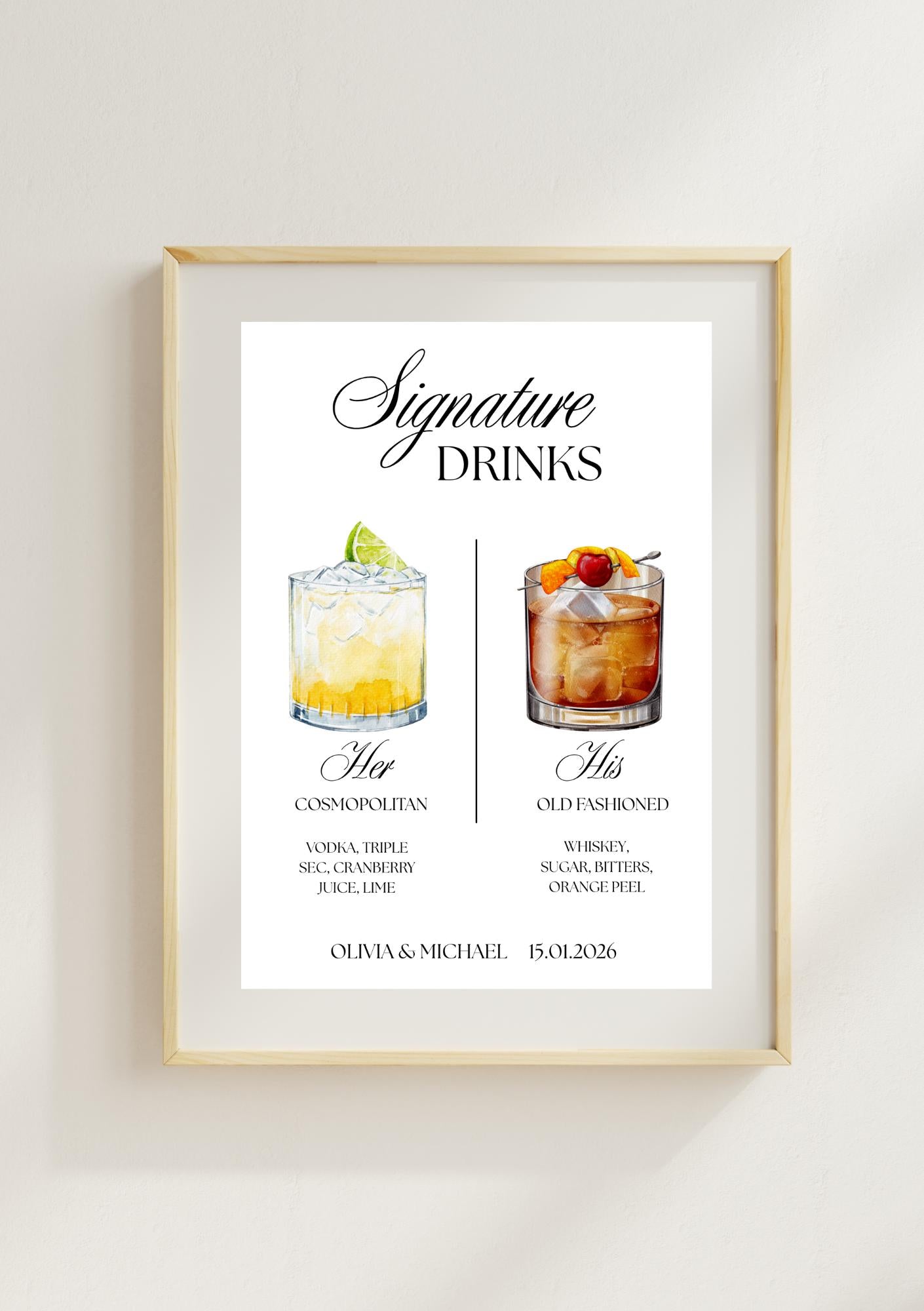 Signature Drinks Menu Printable – Custom Wedding Bar Sign, Cocktail Menu for Reception, Framed Drinks Menu, Editable PDF, personalised sign