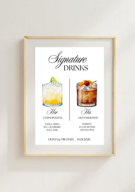 Signature Drinks Menu Printable – Custom Wedding Bar Sign, Cocktail Menu for Reception, Framed Drinks Menu, Editable PDF, personalised sign